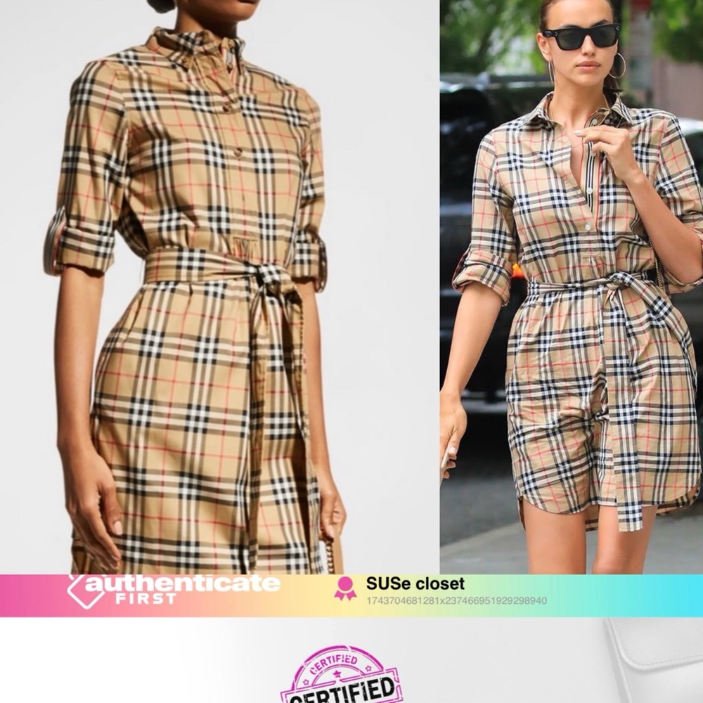 2025 $1050 Burberry Giovanna Plaid Belted Shirt Dress “Authenticated” US4 & 6